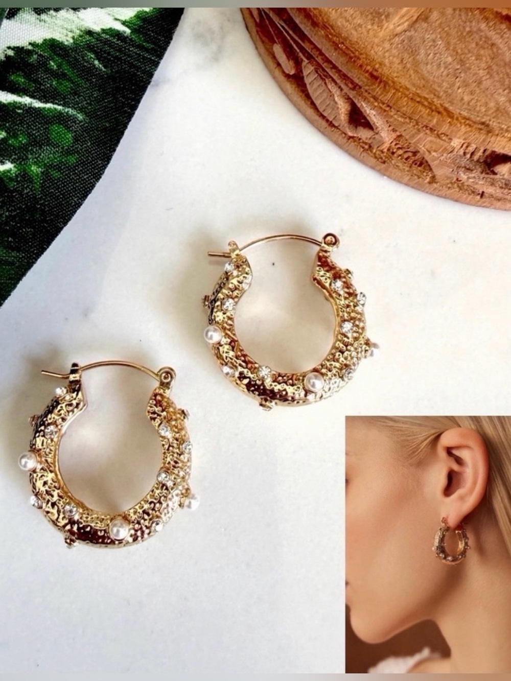 2/$30🌵 Gold Chunky Hoops Pearl Rhinestone Dot Earrings Texture Thick Jewelry